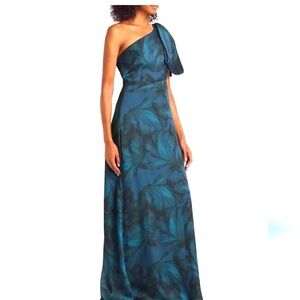 Sachin + Babi Teal One-Shoulder Floral Gown